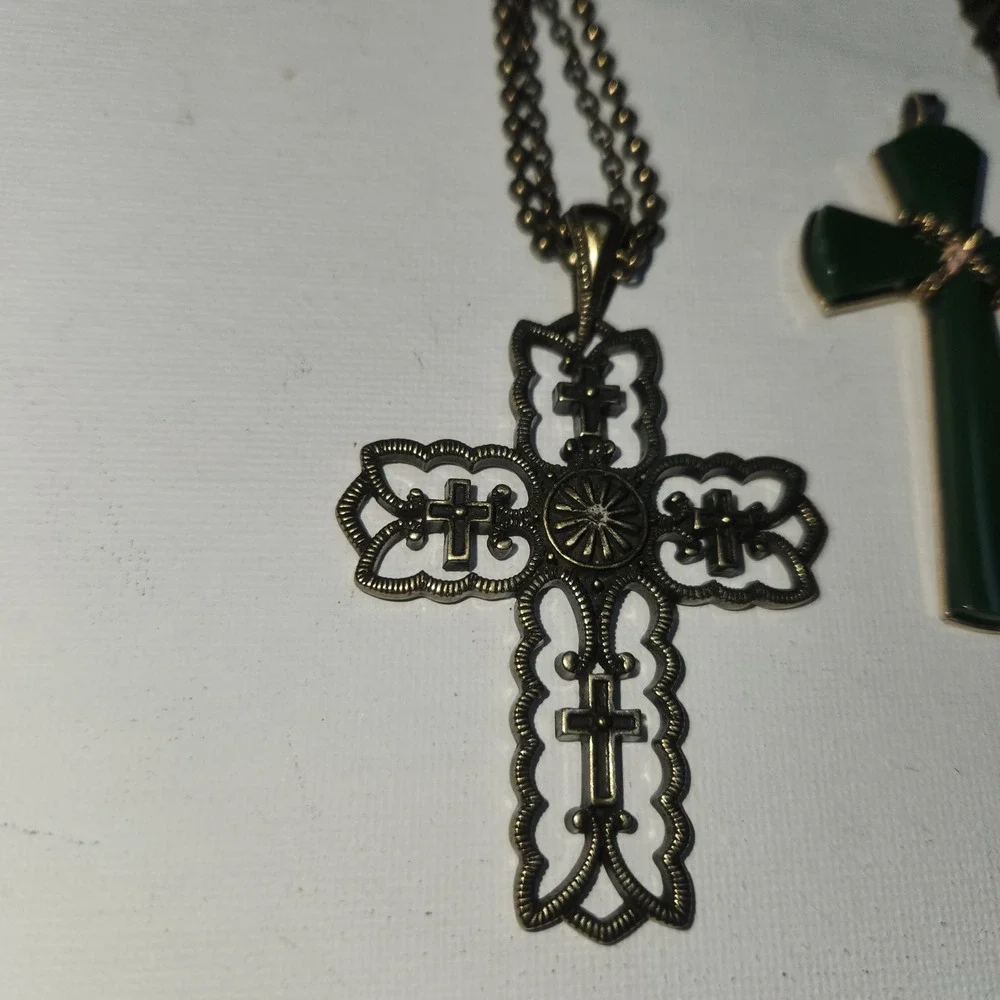 Ornate Bronze Filigree Cross Necklace and Green  acrylic Gold Tone Cross Pendant